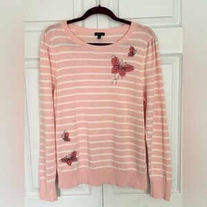 Talbots Embroidered Butterfly Pink Stripe Crewneck Sweater-Size Large